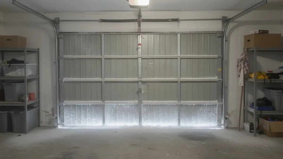 The garage door is covered in ice and snow, with shelves on both sides.