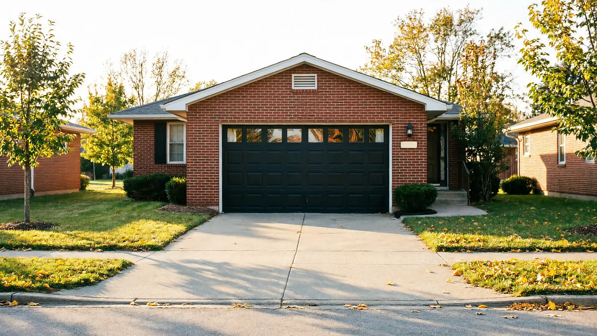 A red brick house has a black garage door with windows.