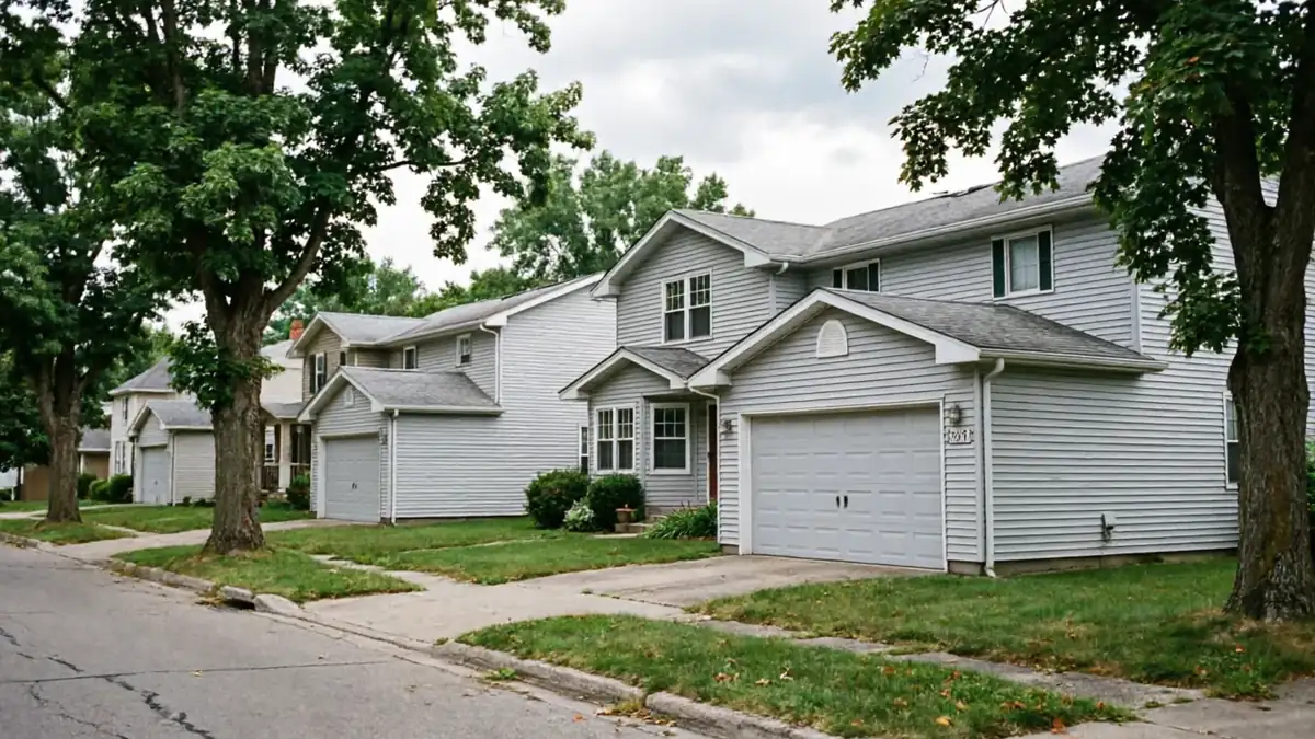 A row of light gray houses with attached garages lines a residential street.