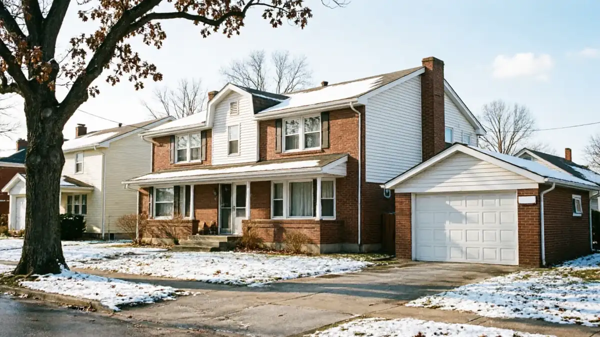 A two-story brick house with a white garage door and a snowy lawn.