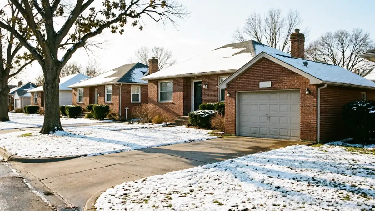 A brick house with an attached garage and a white garage door, surrounded by snow.