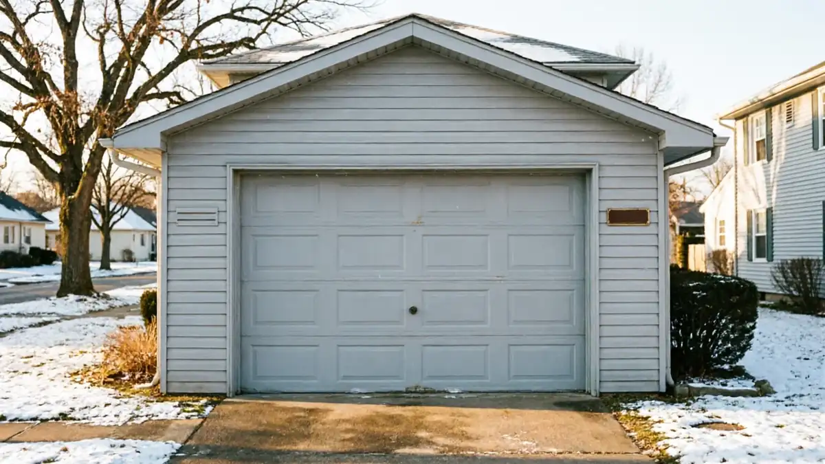 A light gray garage door is on a house with white siding and a snowy lawn.