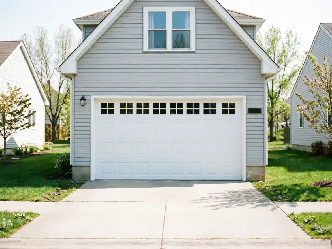 The house has light gray siding and a white garage door with windows.