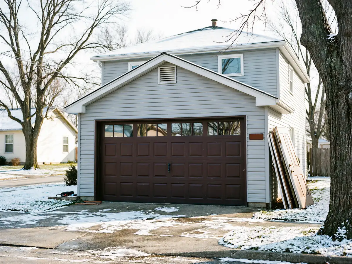 A two-story house with a brown garage door and old doors leaning against the wall.