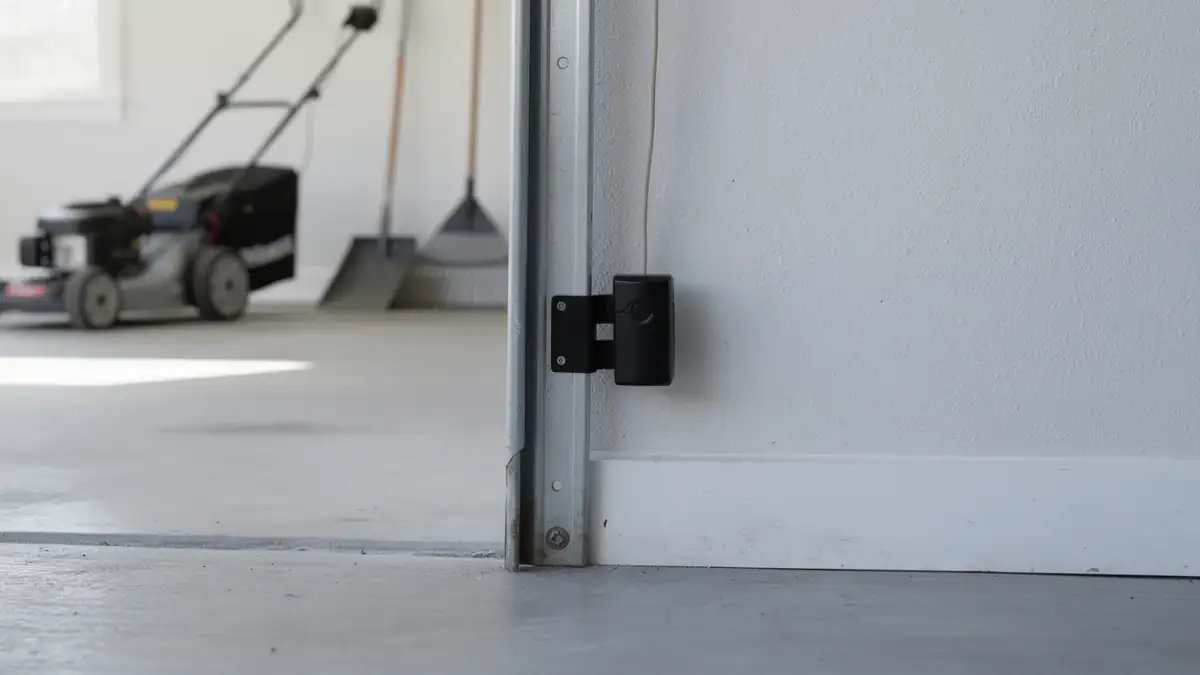 A black sensor is mounted on the garage door frame, with a lawnmower in the background.