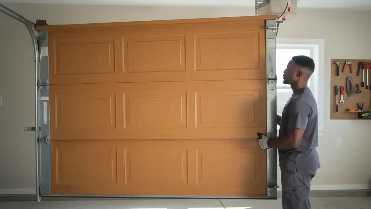 A technician in a gray shirt is installing a light brown garage door.