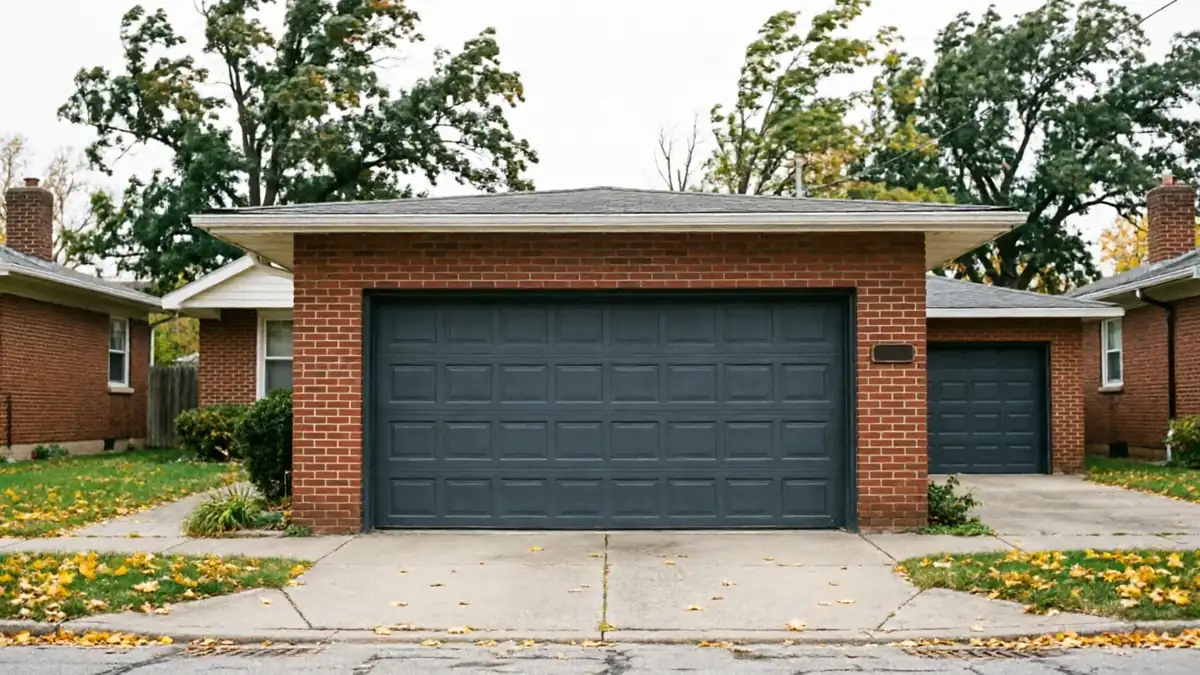 A brick house has a large gray garage door and a smaller gray garage door.